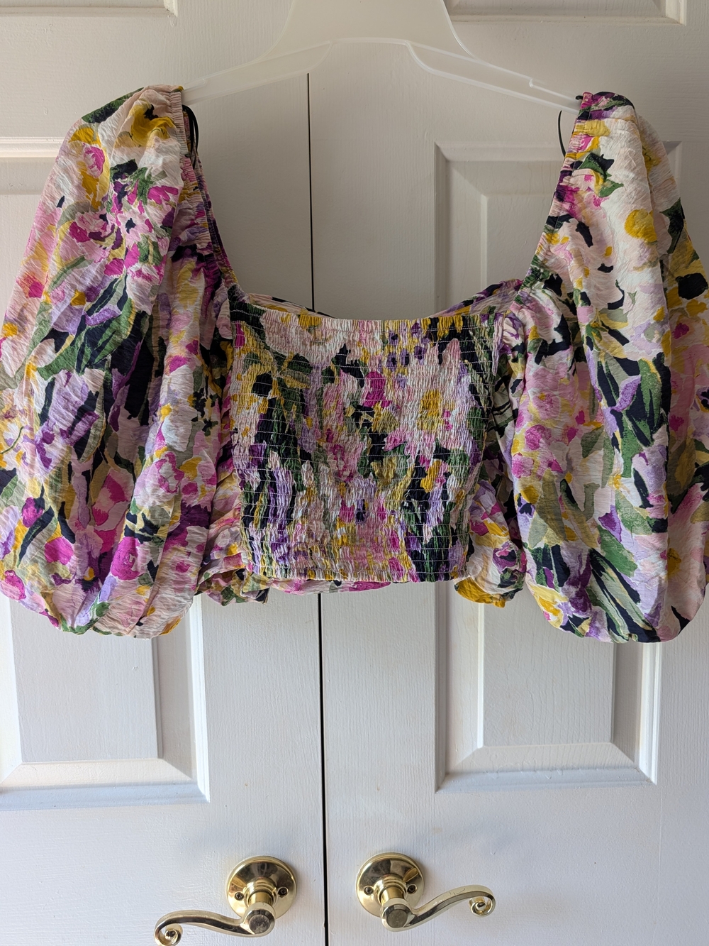 H&M Floral Smocked Puff-Sleeve Crop Top - Pink, Yellow, Green